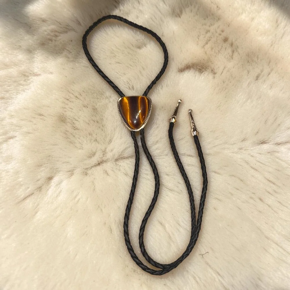 New Tiger's Eye Triangle Stone Braided Black Cord Bolo Tie Western Festival